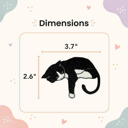 Illustration of a tuxedo cat magnet with dimensions 2.6" x 3.7" on a decorative background.