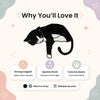 Illustration of a tuxedo cat with features listed as reasons to love it, on a light background.