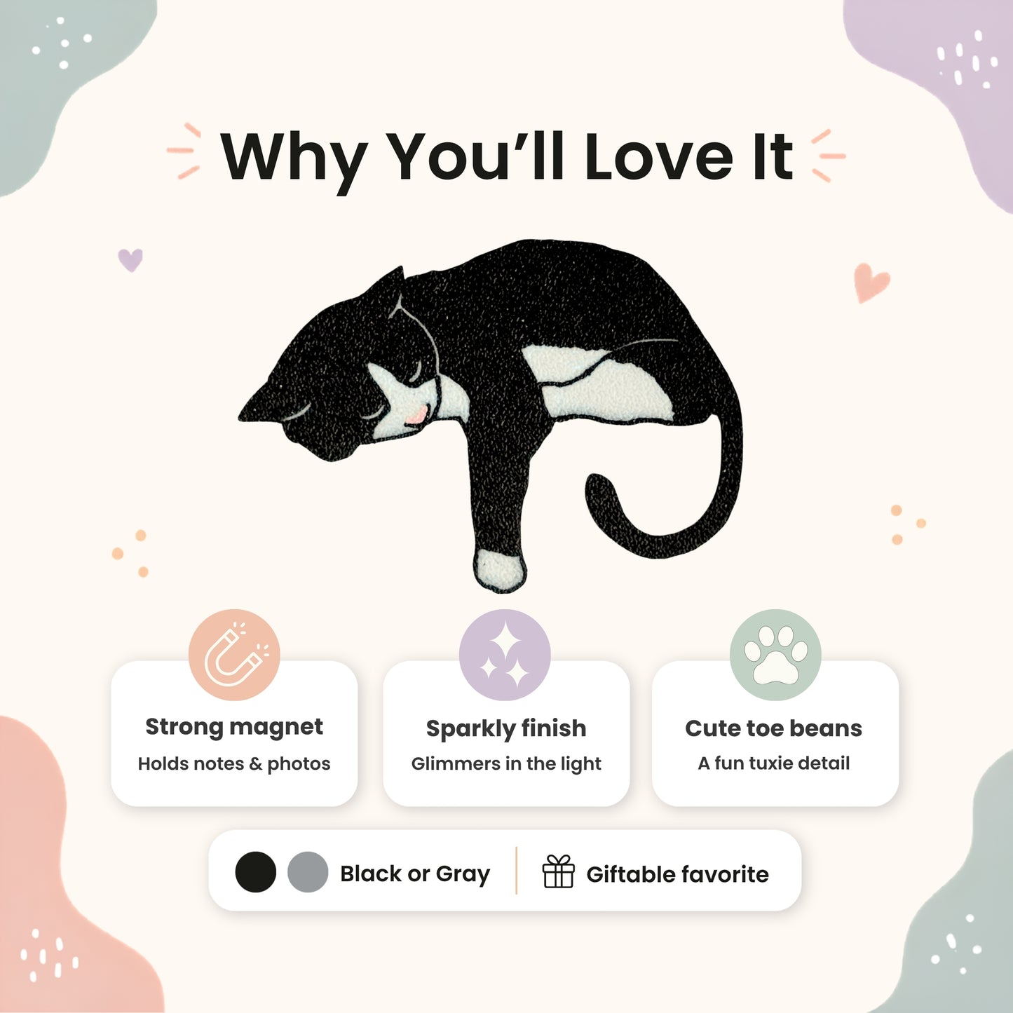 Illustration of a tuxedo cat with features listed as reasons to love it, on a light background.