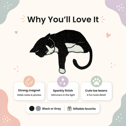 Illustration of a tuxedo cat with features listed as reasons to love it, on a light background.