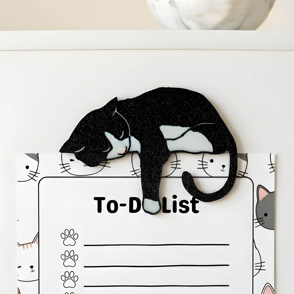 Black tuxedo cat fridge magnet holding a cat-themed to-do list on a refrigerator
