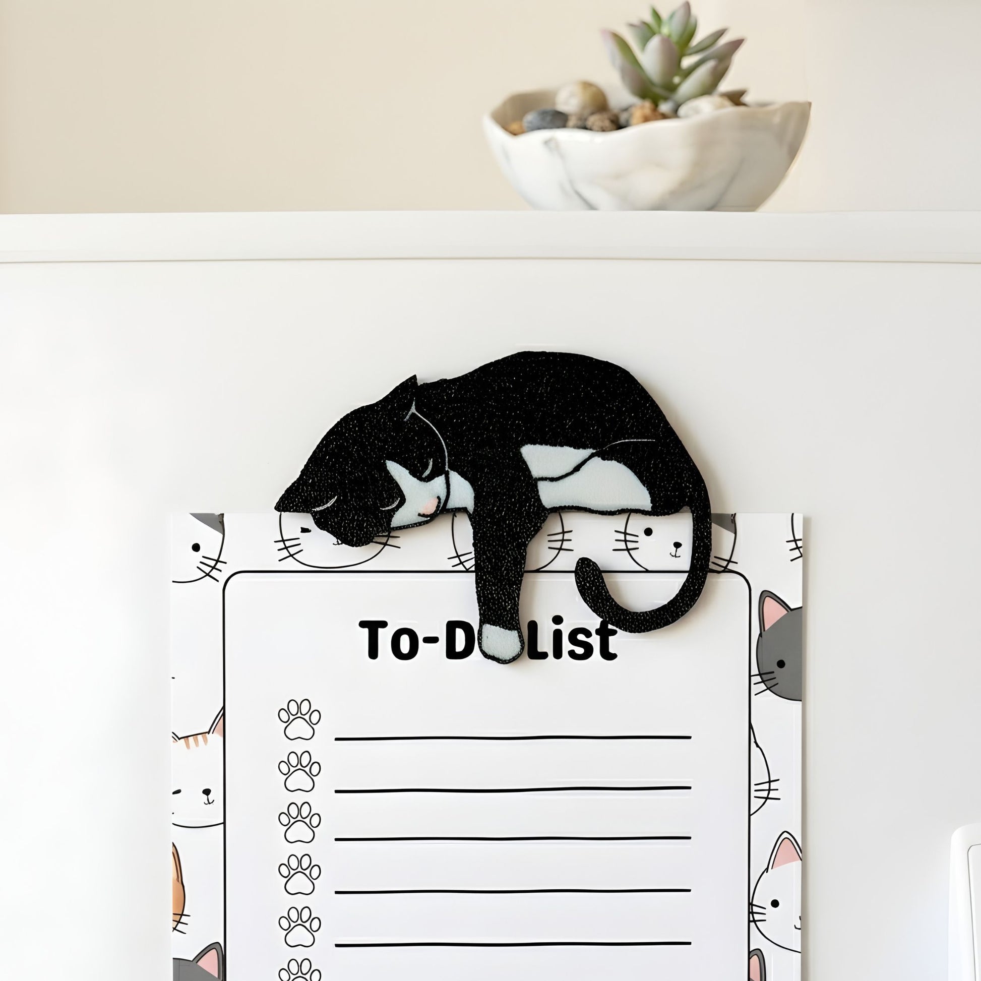 Black tuxedo cat fridge magnet holding a cat-themed to-do list on a refrigerator