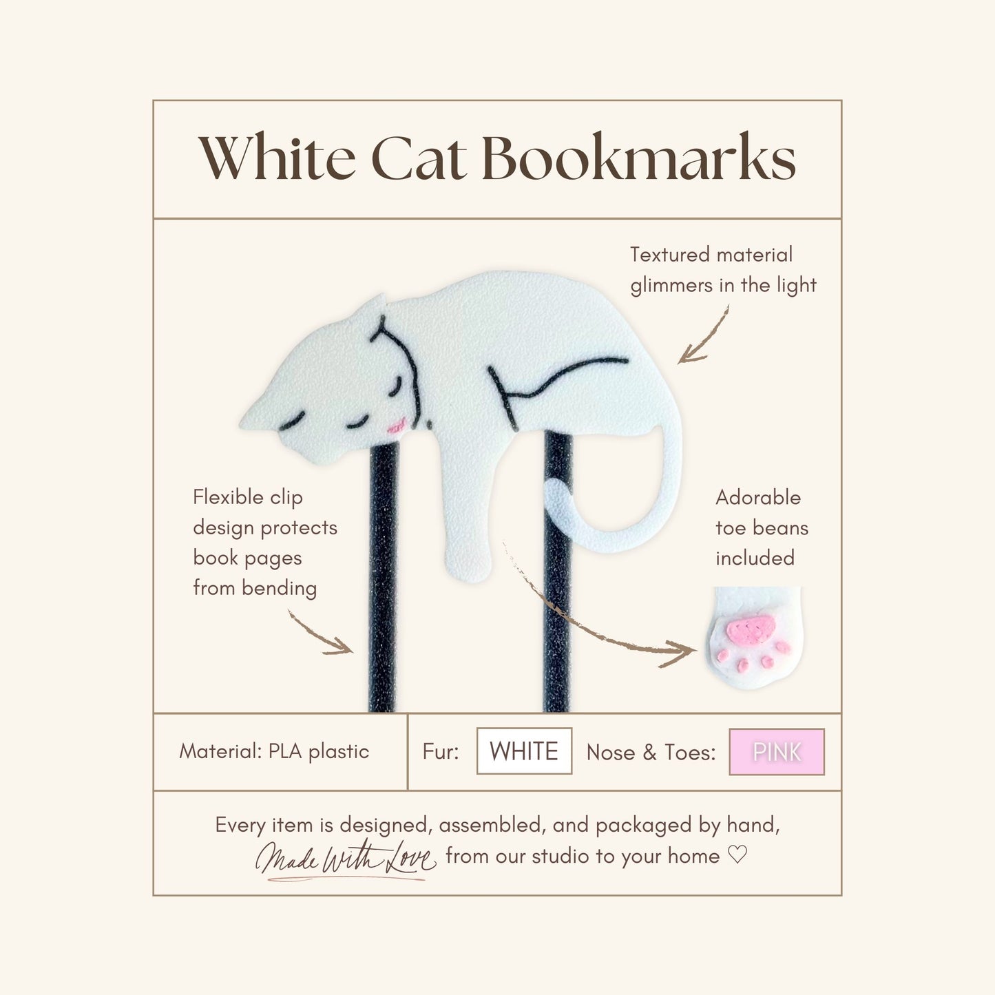 White Cat Bookmark | Sleepy Cat Reader Gift