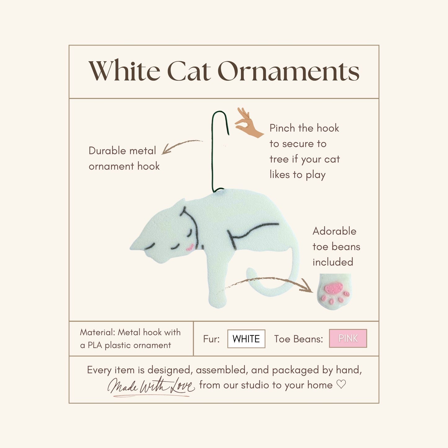 White Cat Ornament with Adorable Toe Beans