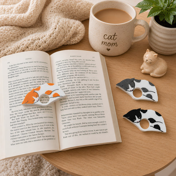 Two white spotted cats in black and gray are displayed on a wooden table next to an open book with the orange and white spotted cat, a ceramic mug with 'cat mom' printed on it, and a small cat figurine.