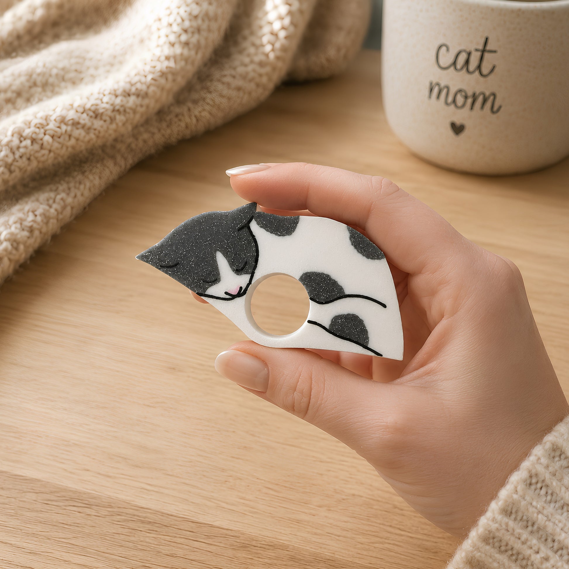 A hand holds a small cat-shaped reading ring accessory with a gray and white sleeping cat illustration, set on a light wood table with a beige knit blanket and a mug in the background.