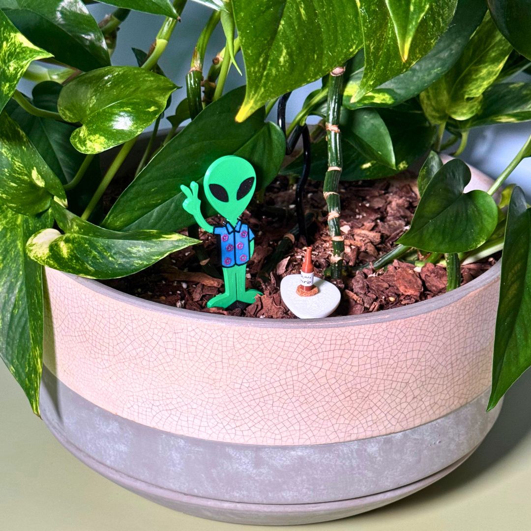 Fun alien plant stake with a drink and holding a peace sign up
