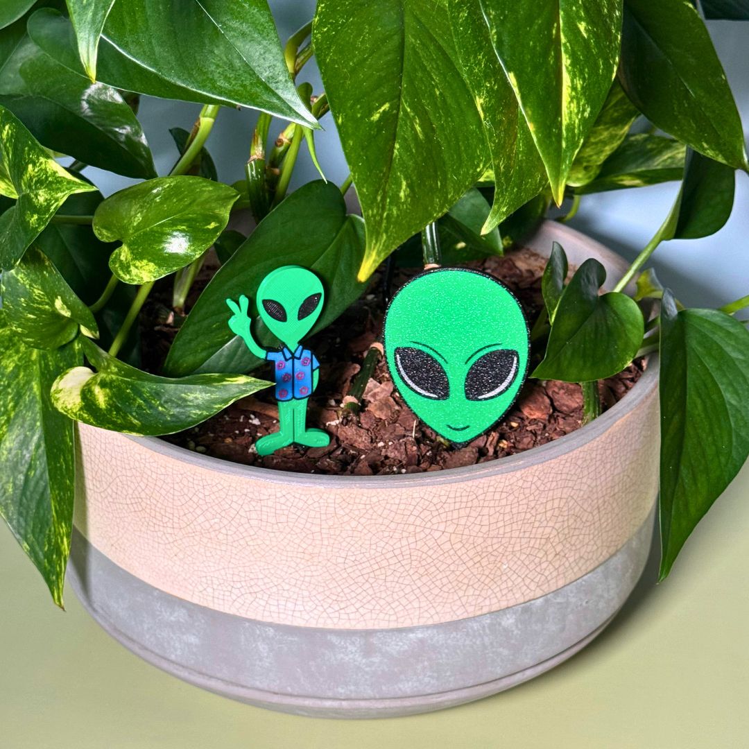 Fun alien plant stakes in a houseplant