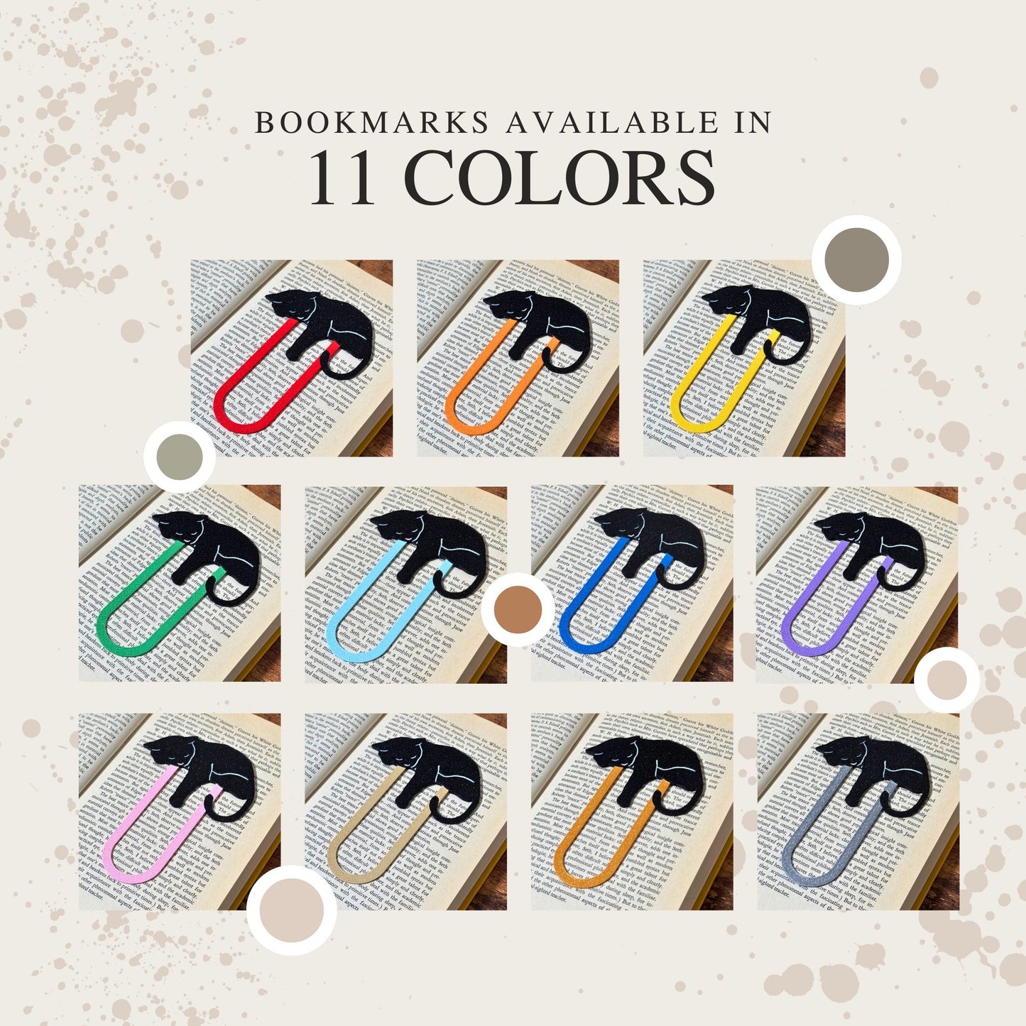 Black cat bookmarks shown in all 11 different colors including gold, silver, pink, tan, red, orange, yellow, green, blue, purple