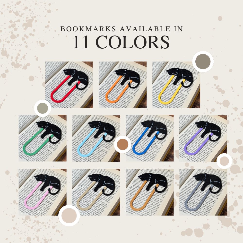 Black cat bookmarks shown in all 11 different colors including gold, silver, pink, tan, red, orange, yellow, green, blue, purple