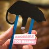 The back of a tuxedo cat bookmark showing the adorable pink toe beans on the back of its paw