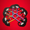 Tuxedo cat bookmarks shown in 5 out of the 11 different colors available including red, gold, green, blue, and purple on a red background in a circular pattern