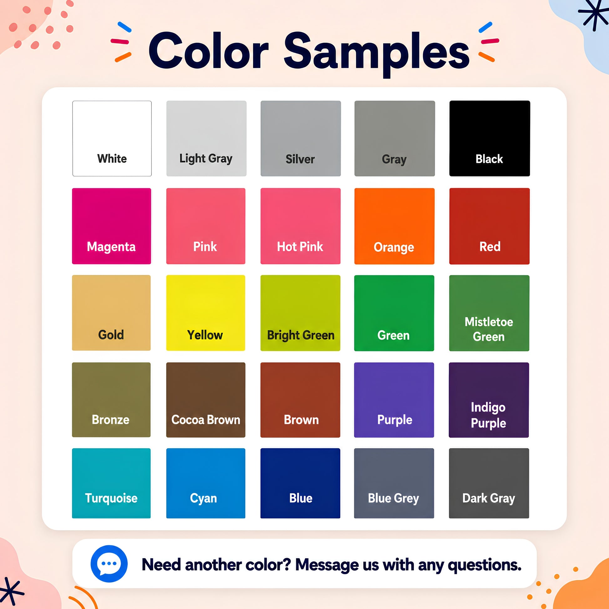 Color sample chart for paint drip door decor with 25 options from white and black to magenta, green and blue