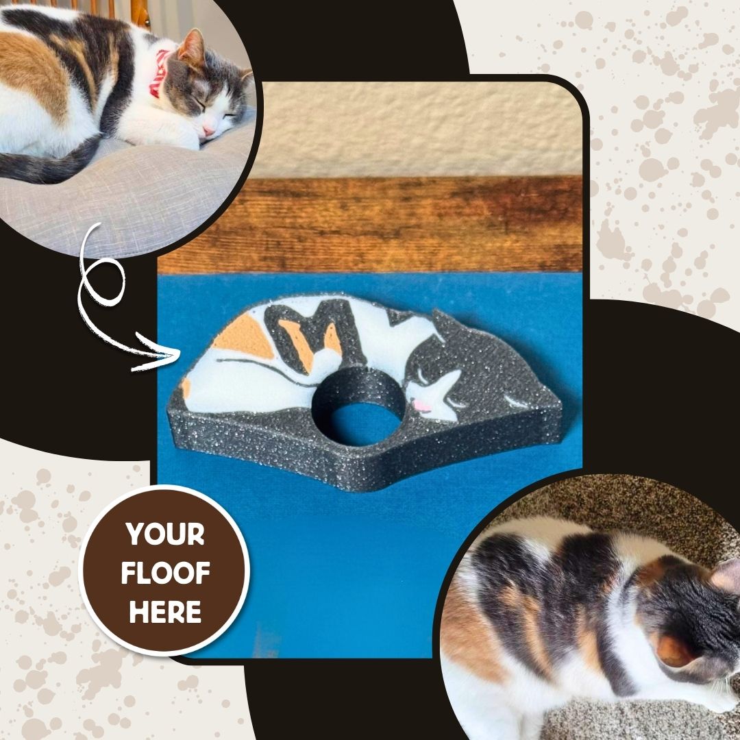 An example of a custom cat book page holder using a customer's unique cat that has an M shaped pattern in its fur
