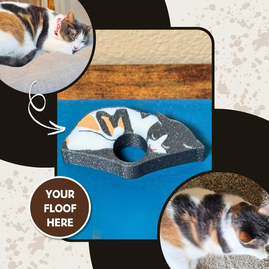 An example of a custom cat book page holder using a customer's unique cat that has an M shaped pattern in its fur