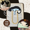 Example of a unique tuxedo cat with a black spot near its mouth next to the custom cat bookmark that was made in his image