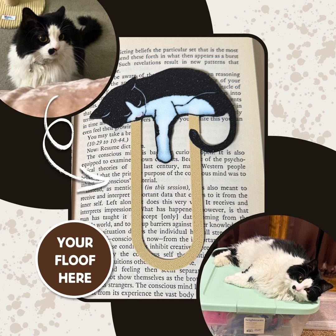 Example of a unique tuxedo cat with a black spot near its mouth next to the custom cat bookmark that was made in his image