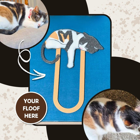 Example of a unique spotted white cat with a unique M shape in its gray and tan fur next to the custom cat bookmark that was made in his image