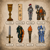 Fantasy bookmark set design chart, 8 styles: chalice, quest map, knight, dwarf, sword, dragon, torch, frost wizard