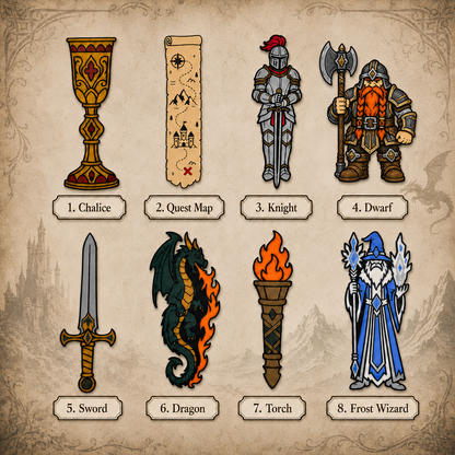Fantasy bookmark set design chart, 8 styles: chalice, quest map, knight, dwarf, sword, dragon, torch, frost wizard