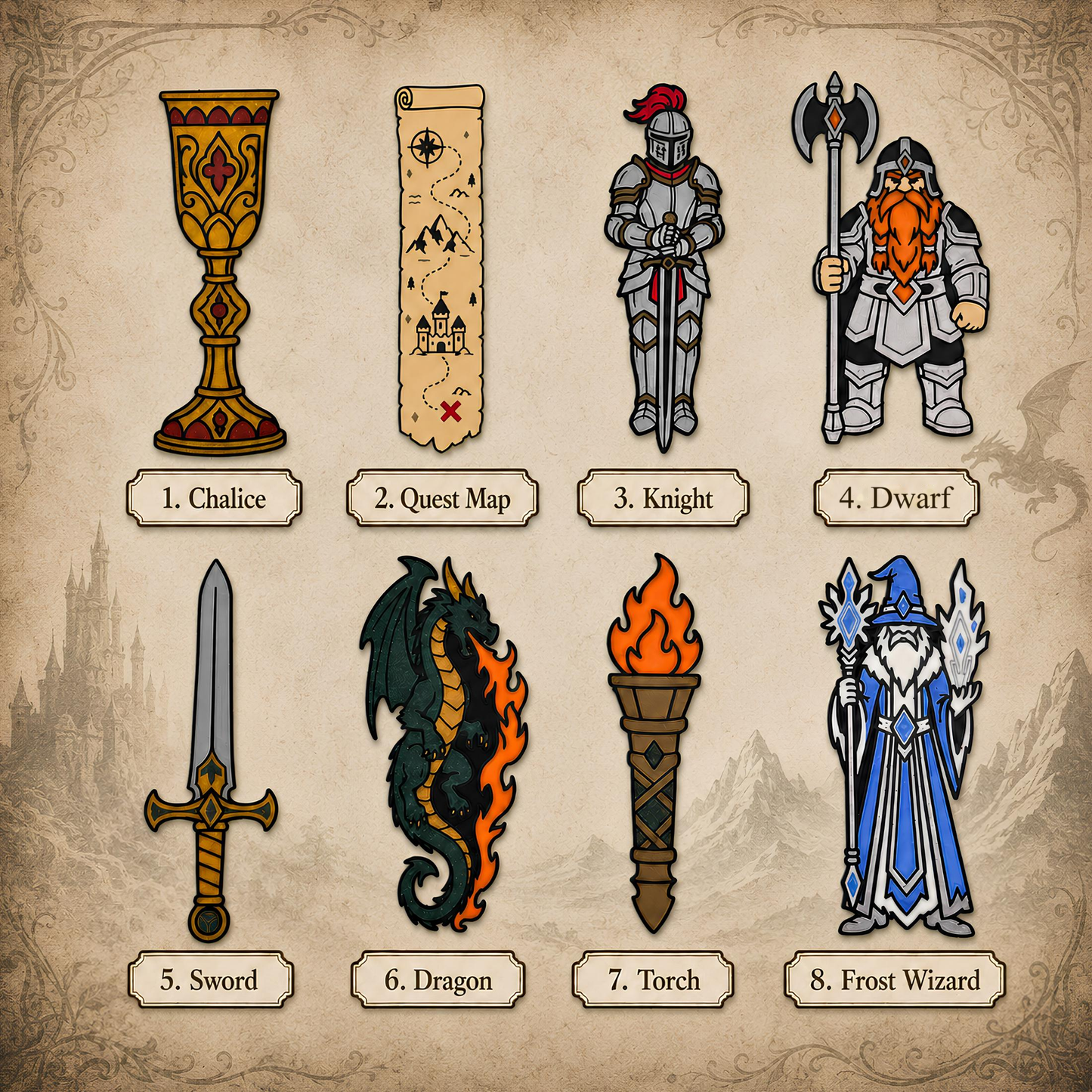 Fantasy bookmark set design chart, 8 styles: chalice, quest map, knight, dwarf, sword, dragon, torch, frost wizard