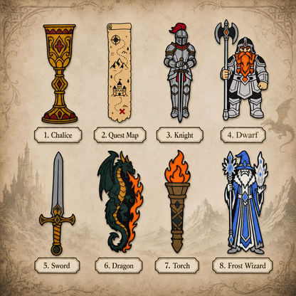 Fantasy bookmark set design chart, 8 styles: chalice, quest map, knight, dwarf, sword, dragon, torch, frost wizard
