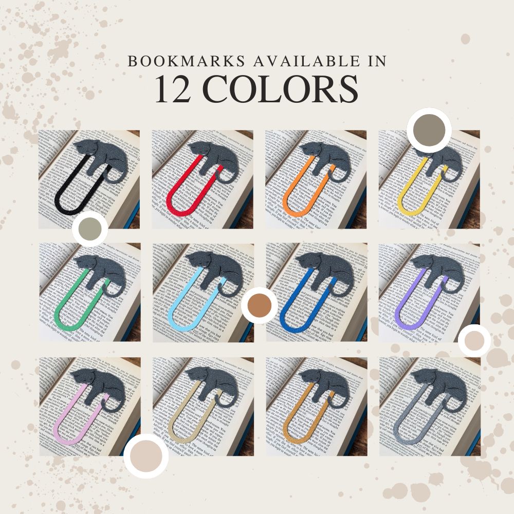 Grey cat bookmarks shown in all 12 different colors including black, gold, silver, pink, tan, red, orange, yellow, green, blue, purple