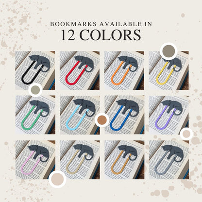 Grey cat bookmarks shown in all 12 different colors including black, gold, silver, pink, tan, red, orange, yellow, green, blue, purple