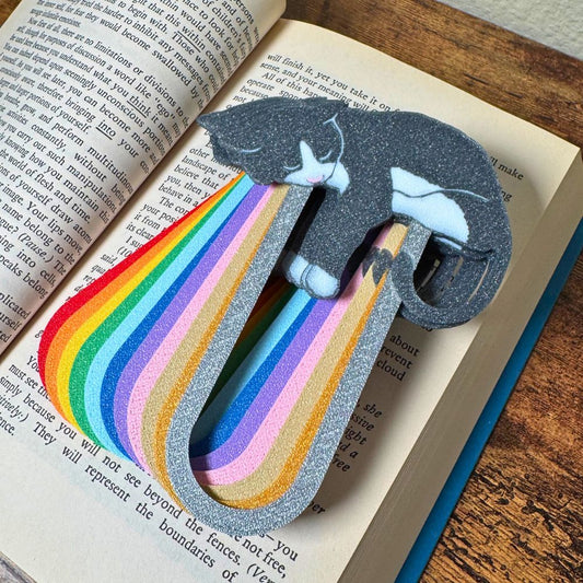 Close up of adorable cat-themed bookmarks in eleven color variations