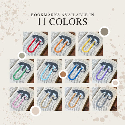 Tuxedo cat bookmarks shown in all 11 different colors including gold, silver, pink, tan, red, orange, yellow, green, blue, purple