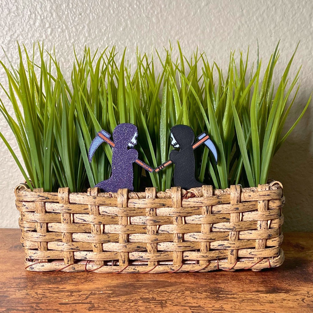 Cute little grim reaper plant decor in a houseplant in purple and black options