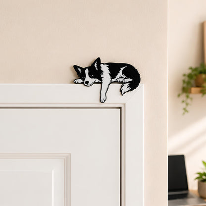 Border Collie shelf pet perched on a white door frame corner as a sleepy door topper