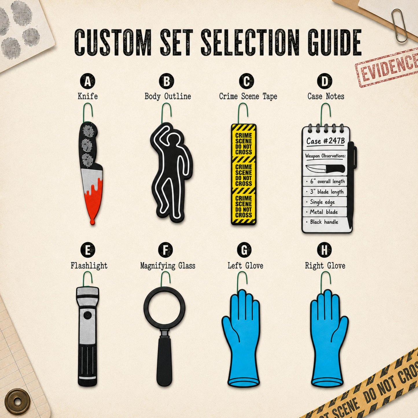 Custom set selection guide labeling all eight designs from knife and body outline to left and right gloves