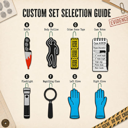 Custom set selection guide labeling all eight designs from knife and body outline to left and right gloves