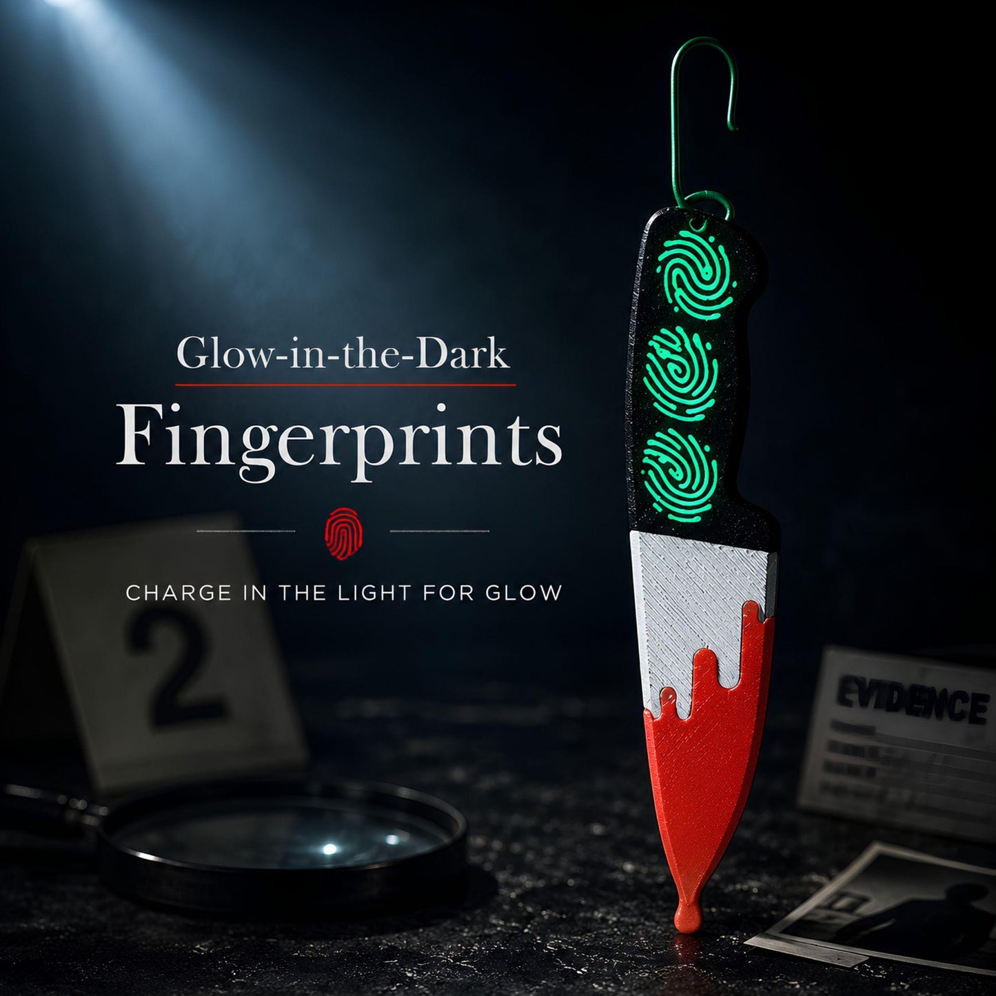 Glow in the dark fingerprints glowing teal on the knife ornament in a dim crime scene setup