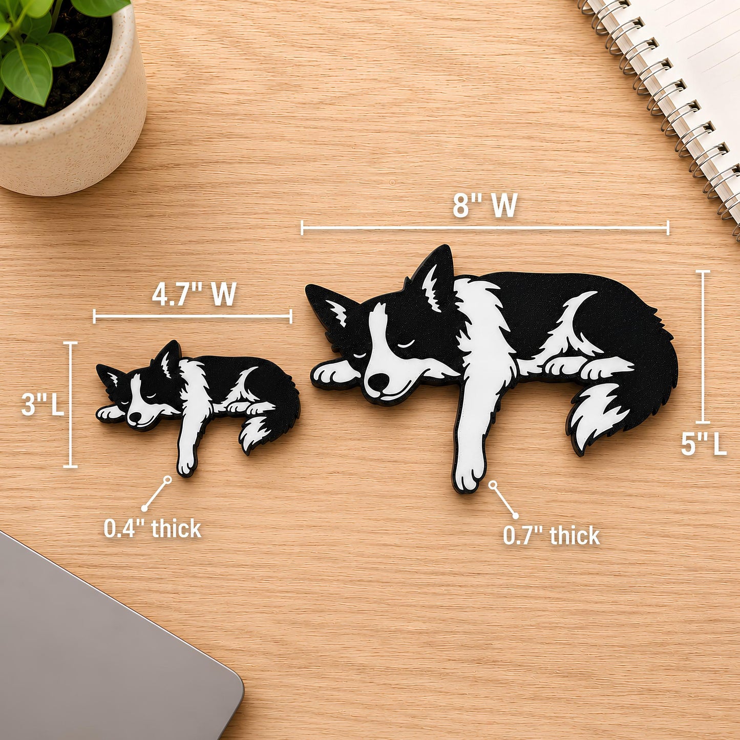 Size chart for the Border Collie shelf pet, small 4.7 by 3 inches and large 8 by 5 inches