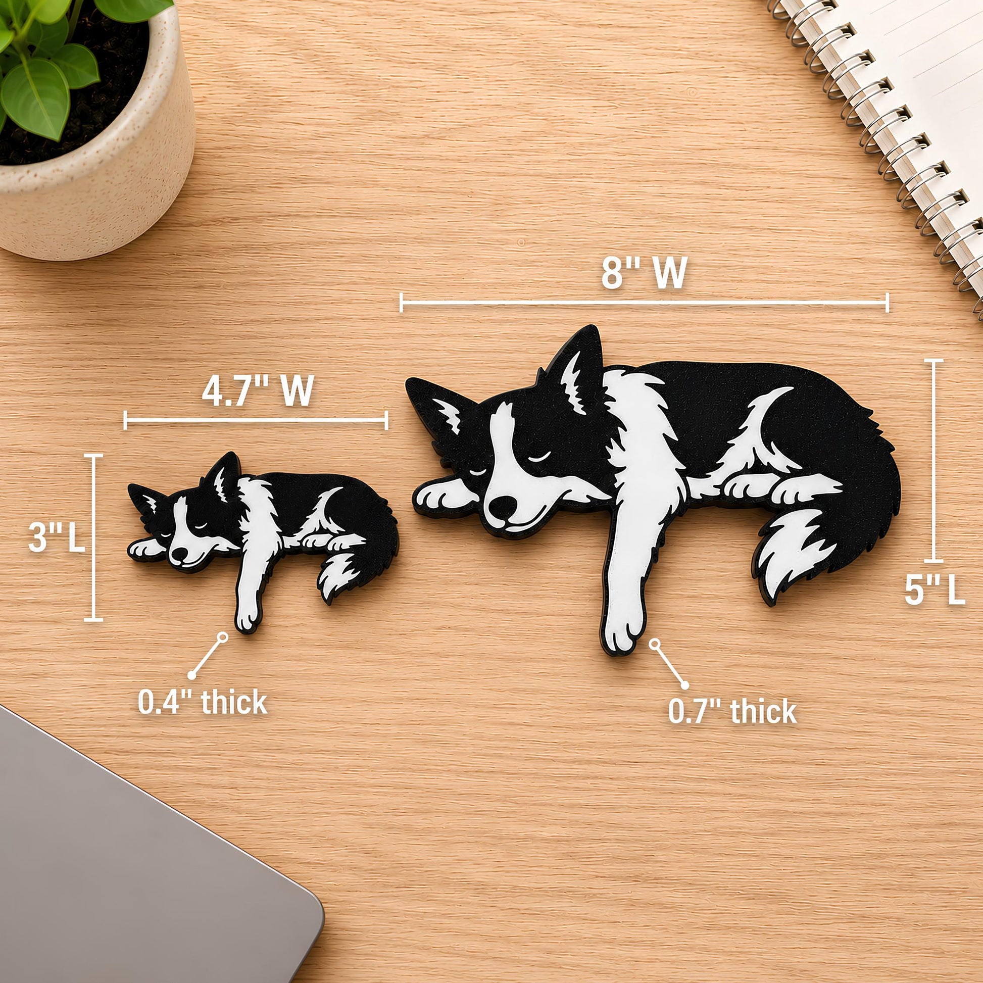 Size chart for the Border Collie shelf pet, small 4.7 by 3 inches and large 8 by 5 inches