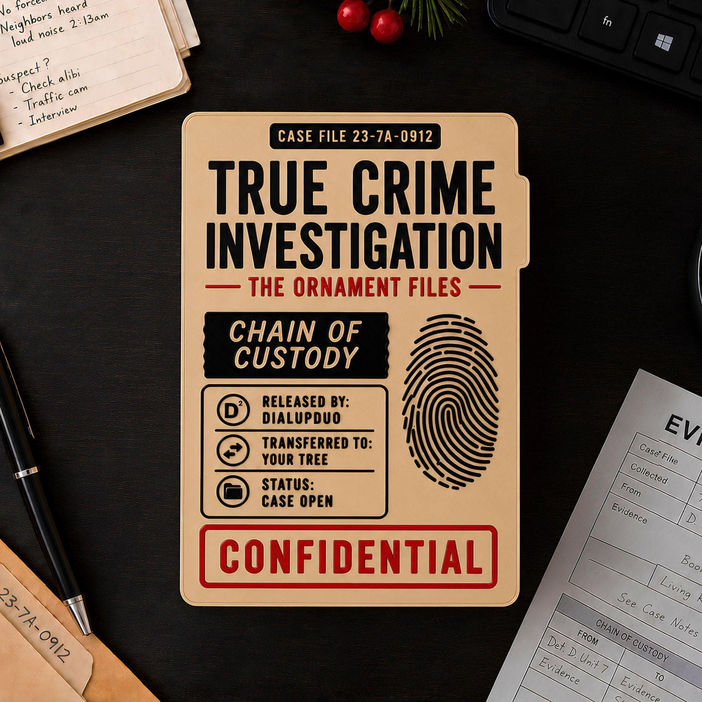Closed Chain of Custody case file lid on a dark desk with case notes, an evidence sheet, and holiday greenery