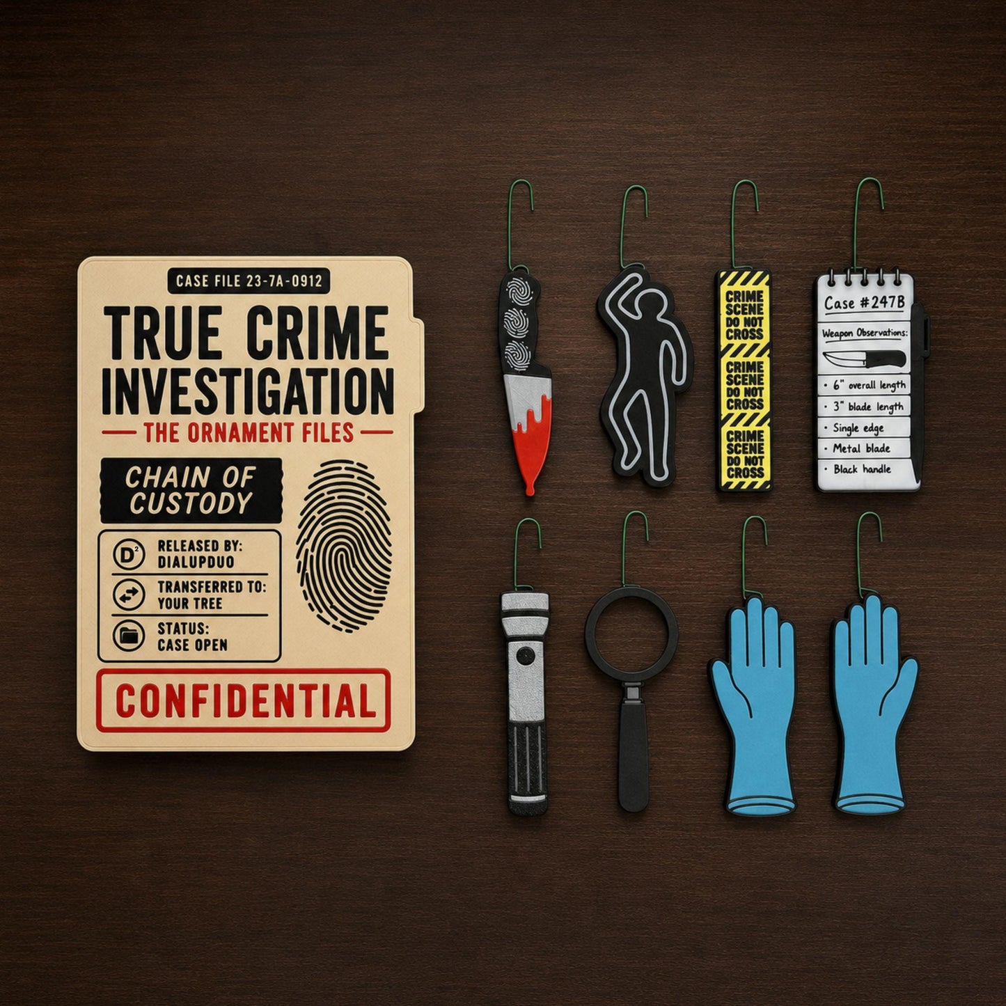 All eight true crime ornaments arranged beside the magnetic case lid on dark wood