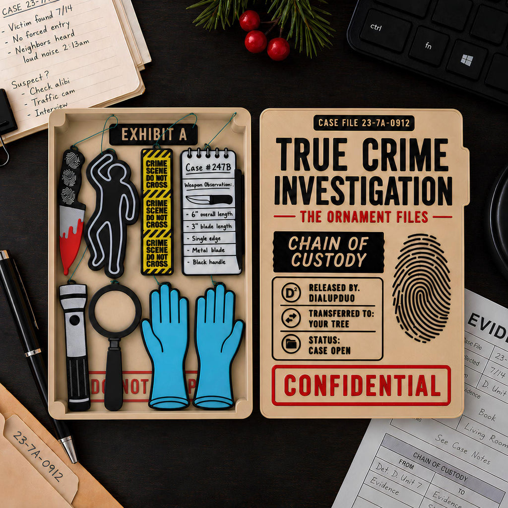 Open magnetic case file holding all eight true crime ornaments beside the Chain of Custody lid on a dark desk