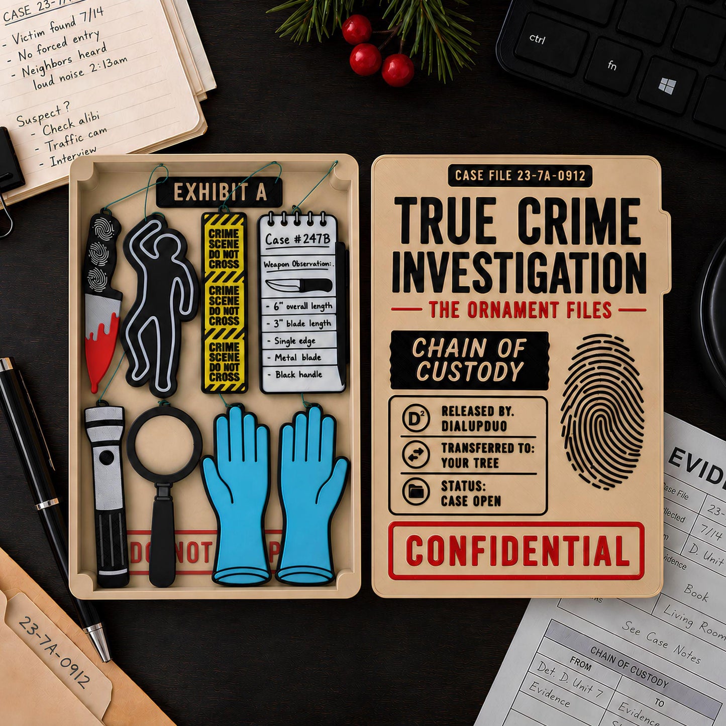 Open magnetic case file holding all eight true crime ornaments beside the Chain of Custody lid on a dark desk