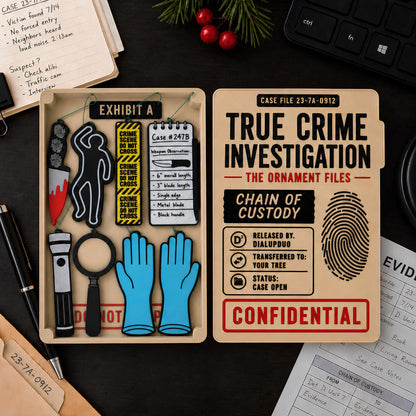 Open magnetic case file holding all eight true crime ornaments beside the Chain of Custody lid on a dark desk