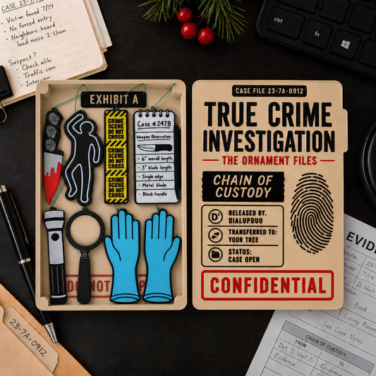 Open magnetic case file holding all eight true crime ornaments beside the Chain of Custody lid on a dark desk