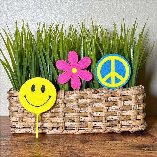 Retro plant stake set shown in a houseplant in 3 styles