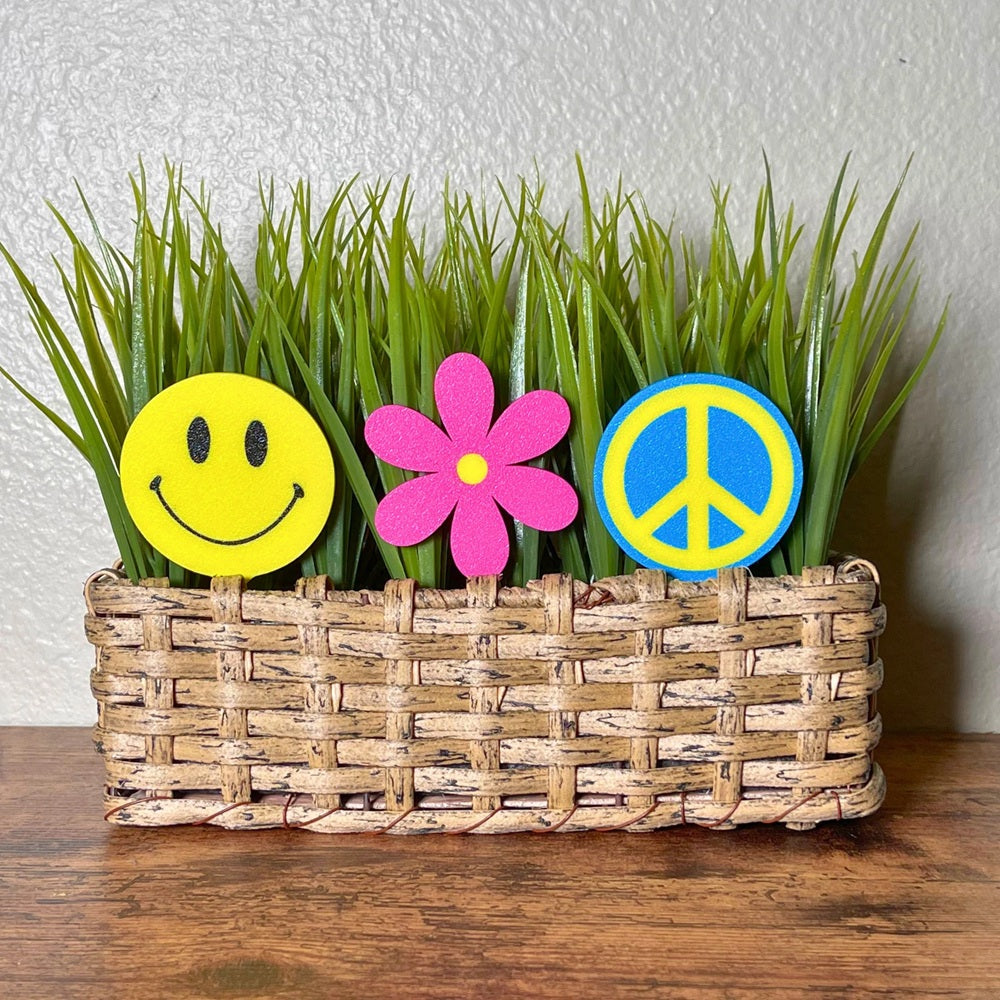 Retro plant stake set shown in a houseplant in 3 styles