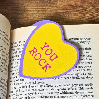 Sweet yellow bookmark heart that reads You Rock inside a open book
