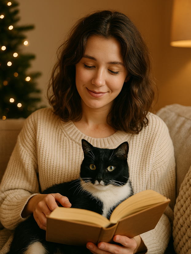 Brunette woman in a cozy beige living room reading a book with her tuxedo cat on her lap